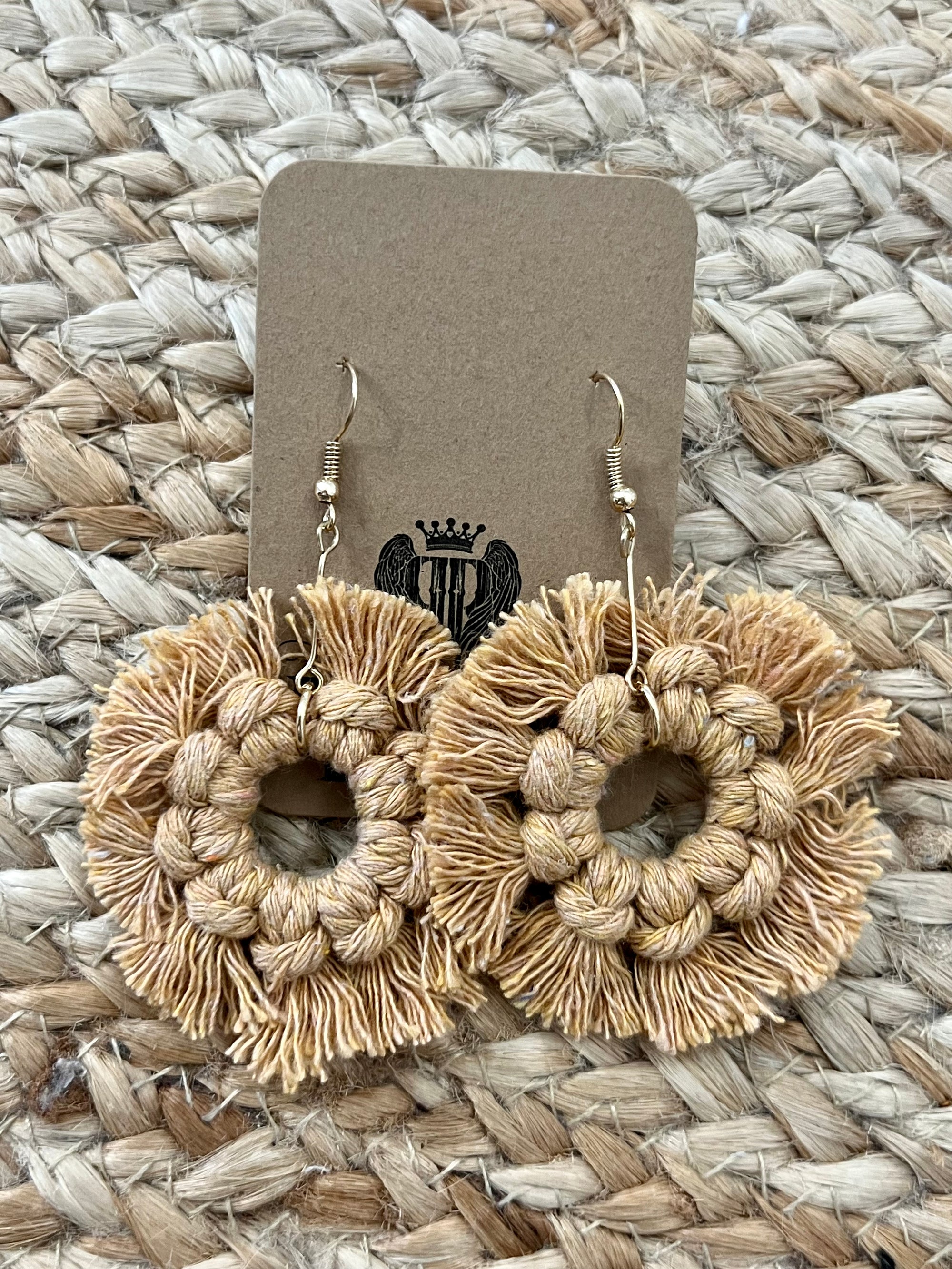 Woven Circle Tassel Earrings in Tan