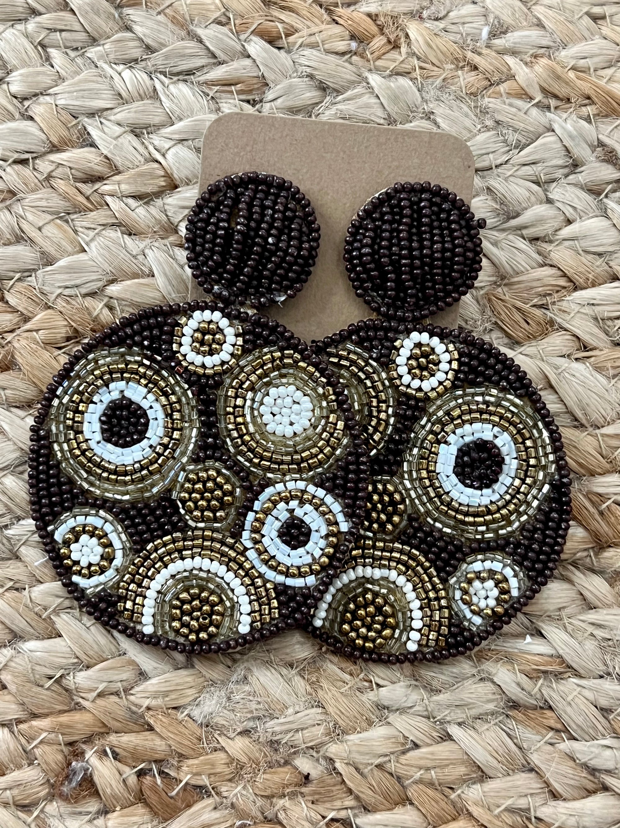 Floral Beaded Circle Earrings in Brown