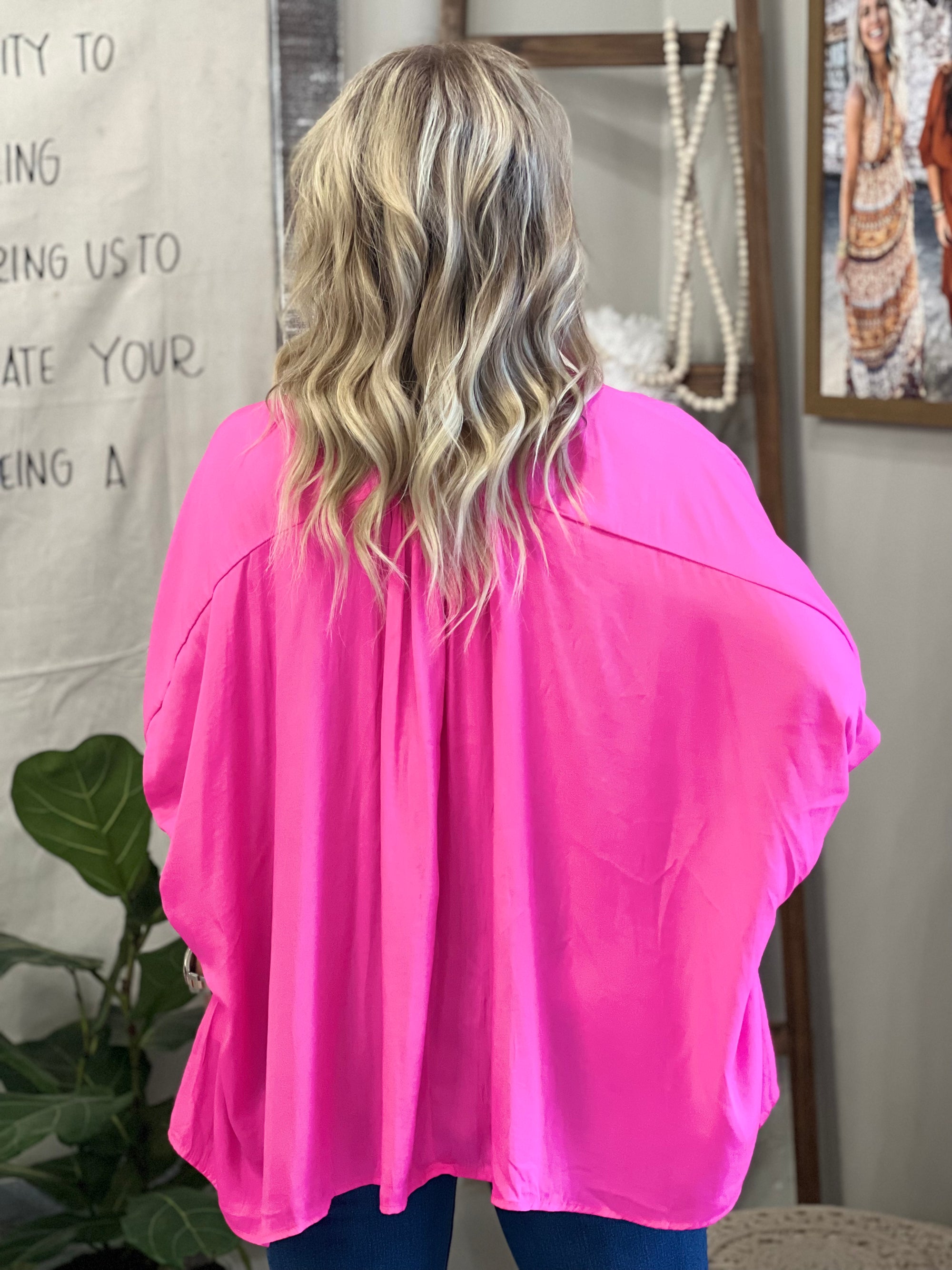 Oversized Satin Button Down Shirt in Barbie Pink