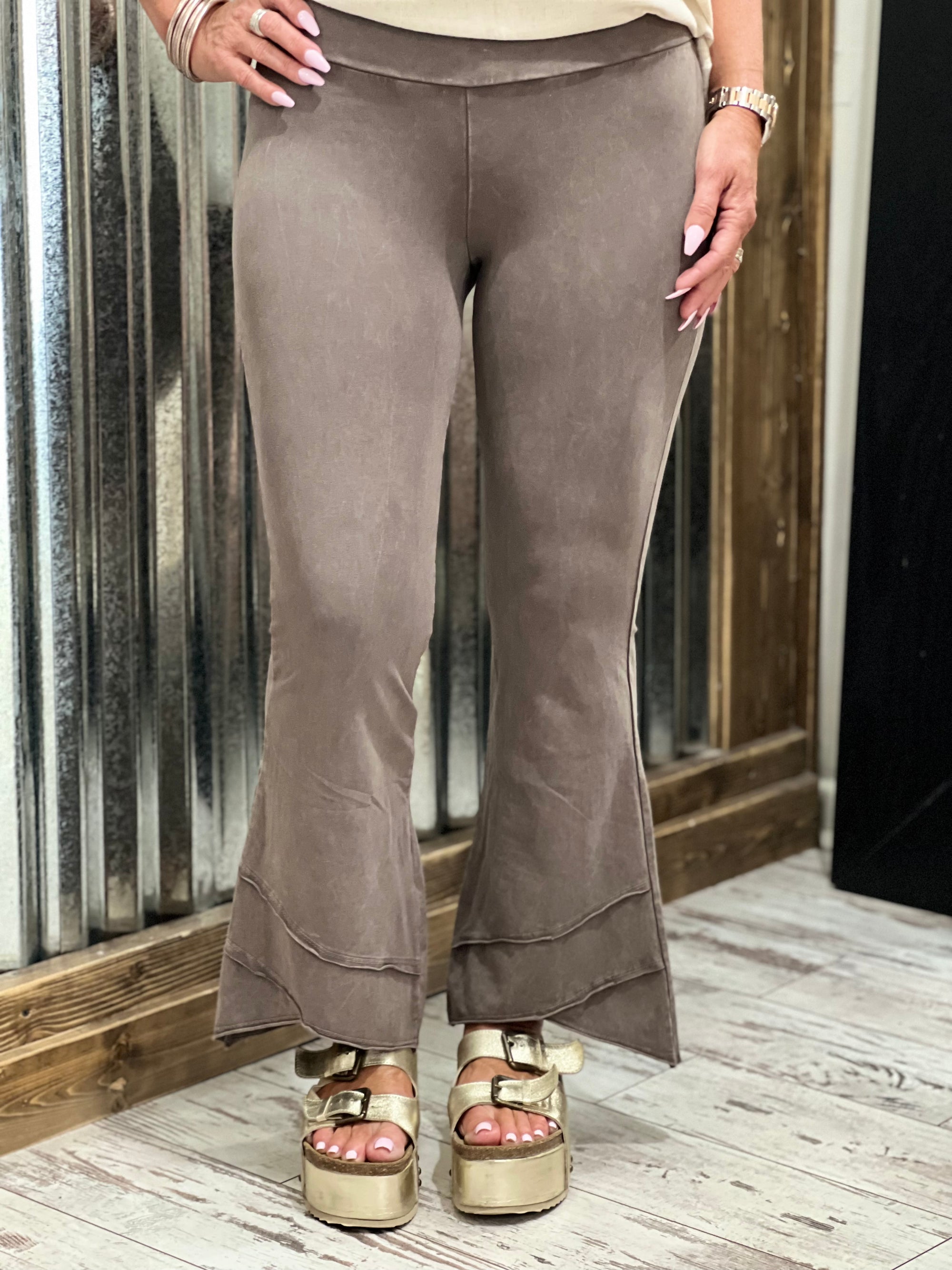 Washed Asymmetric Hem Flare Pants in Taupe