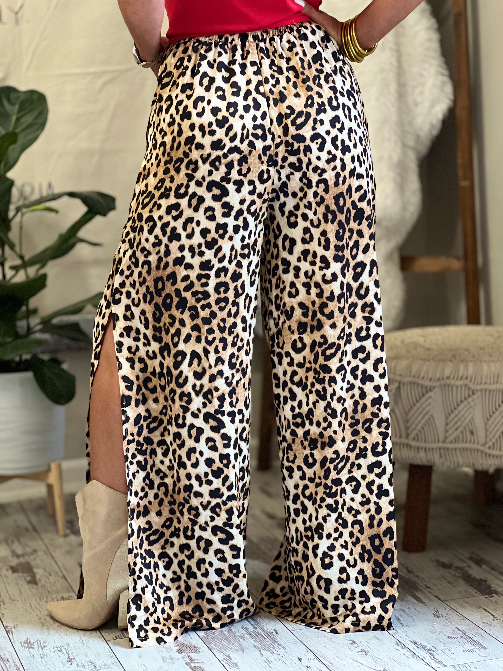 Leopard Wide Leg Side Slit Pants
