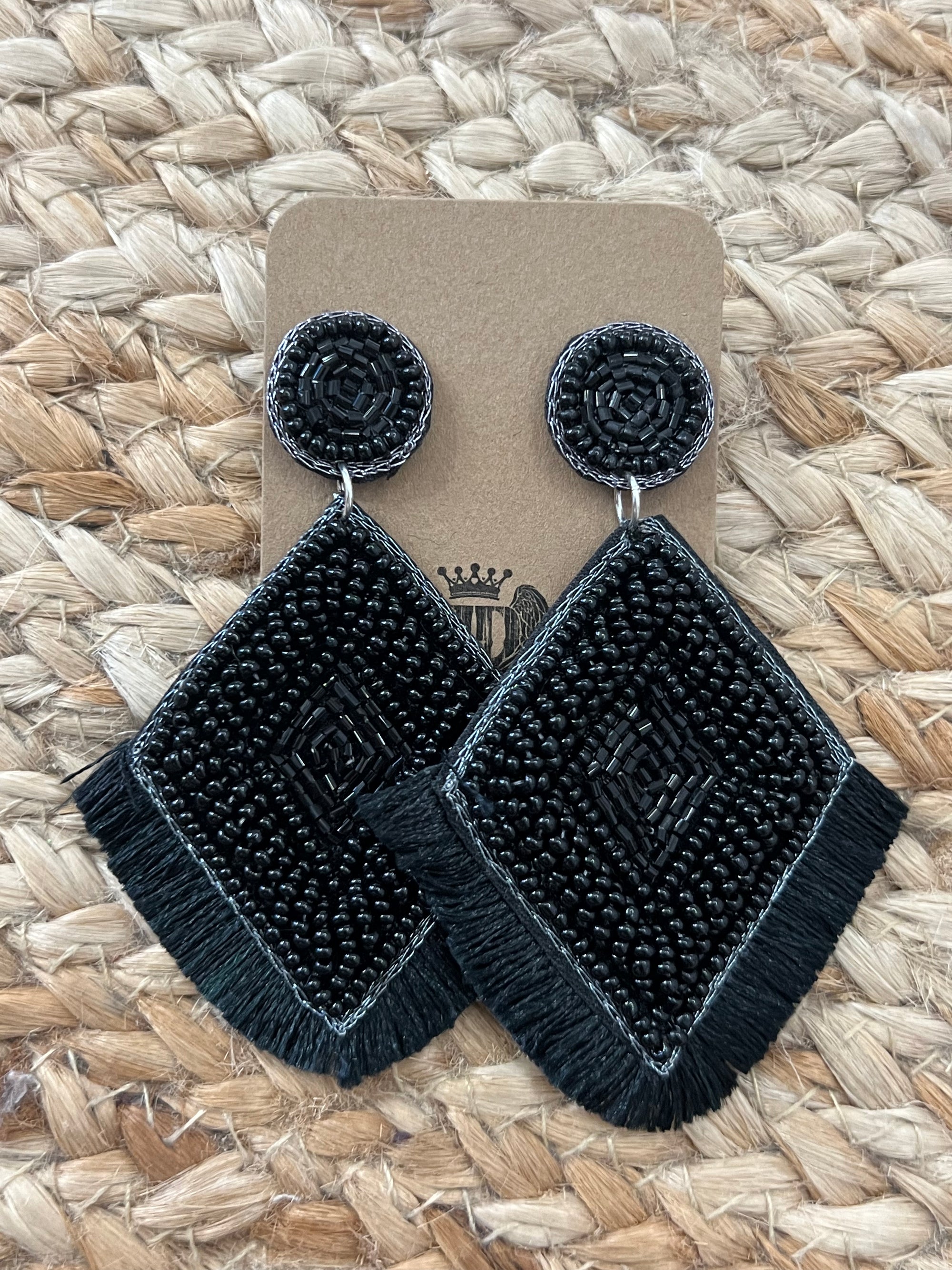 Seed Bead Rhombus Tassel Earrings in Black