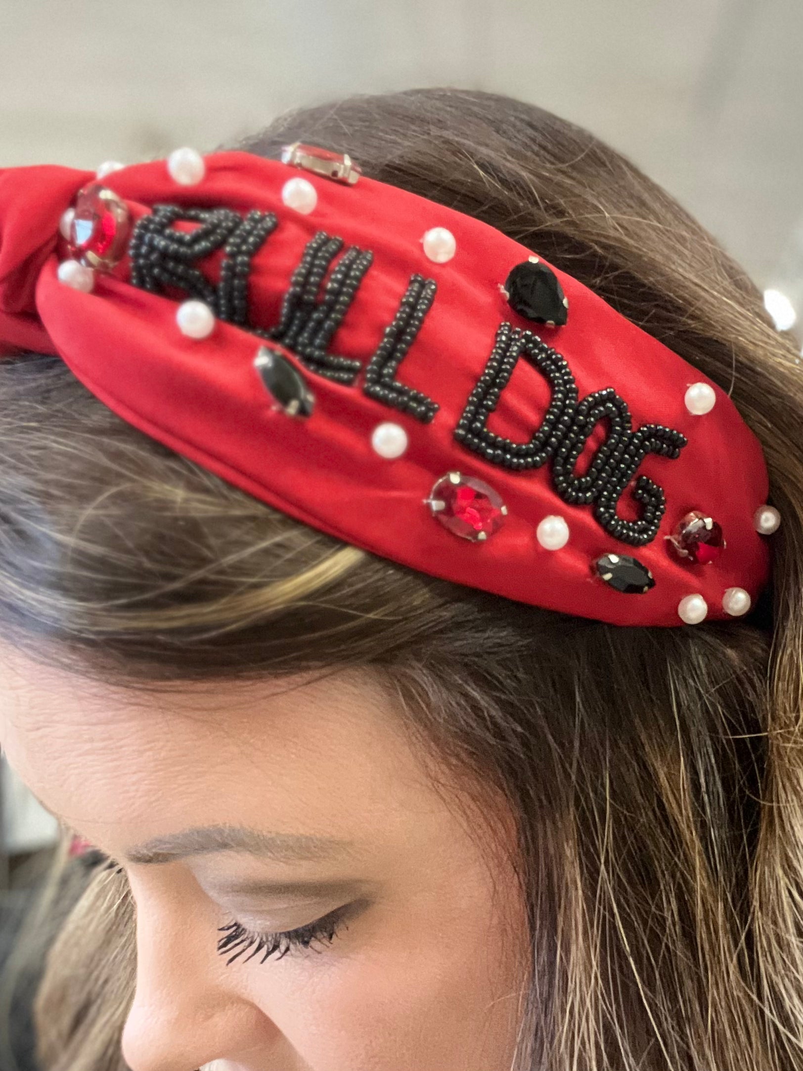Beaded Bulldog Headband in Red