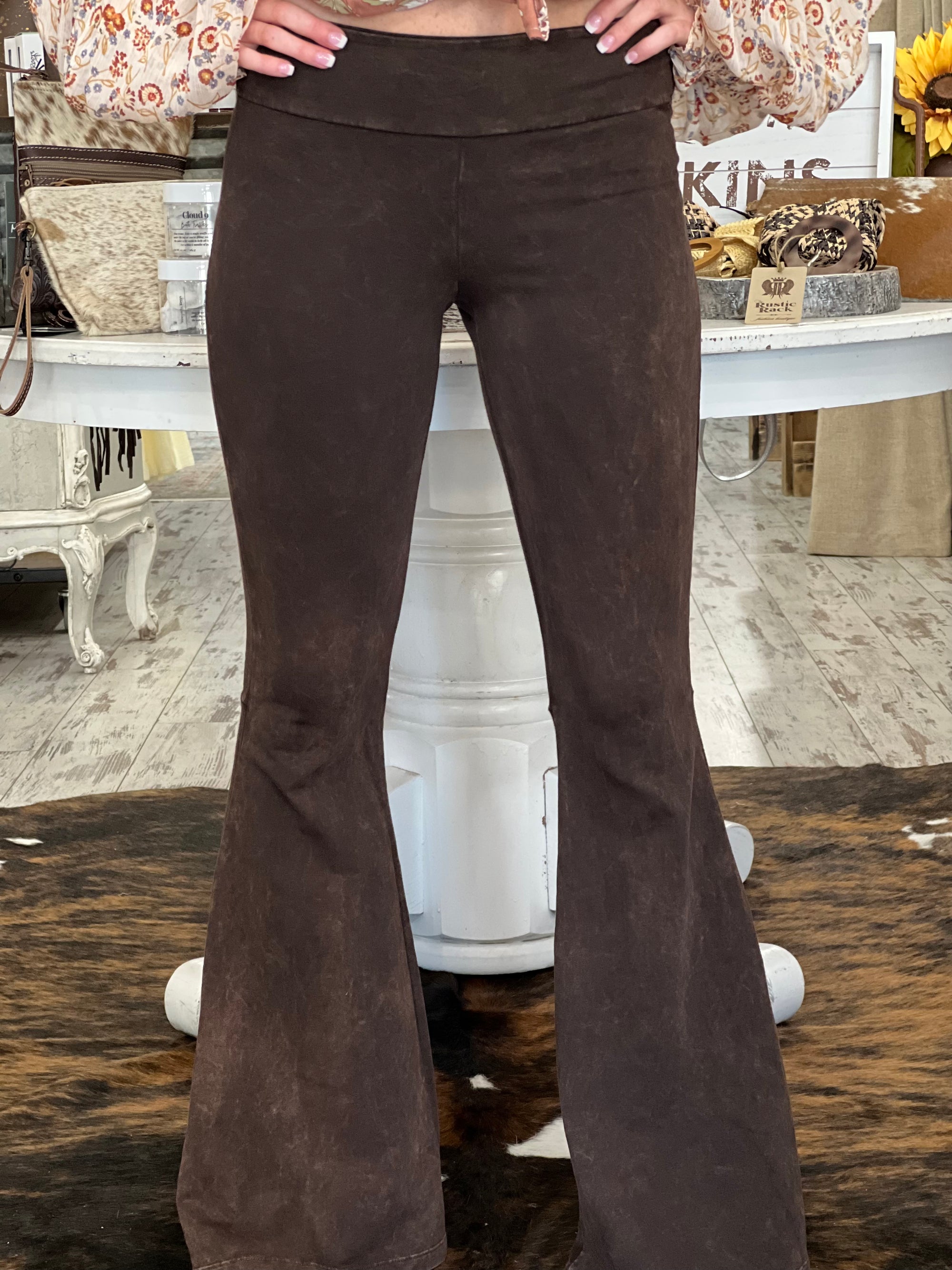 Washed Bell Bottom Flare Pants with Pockets in Brown