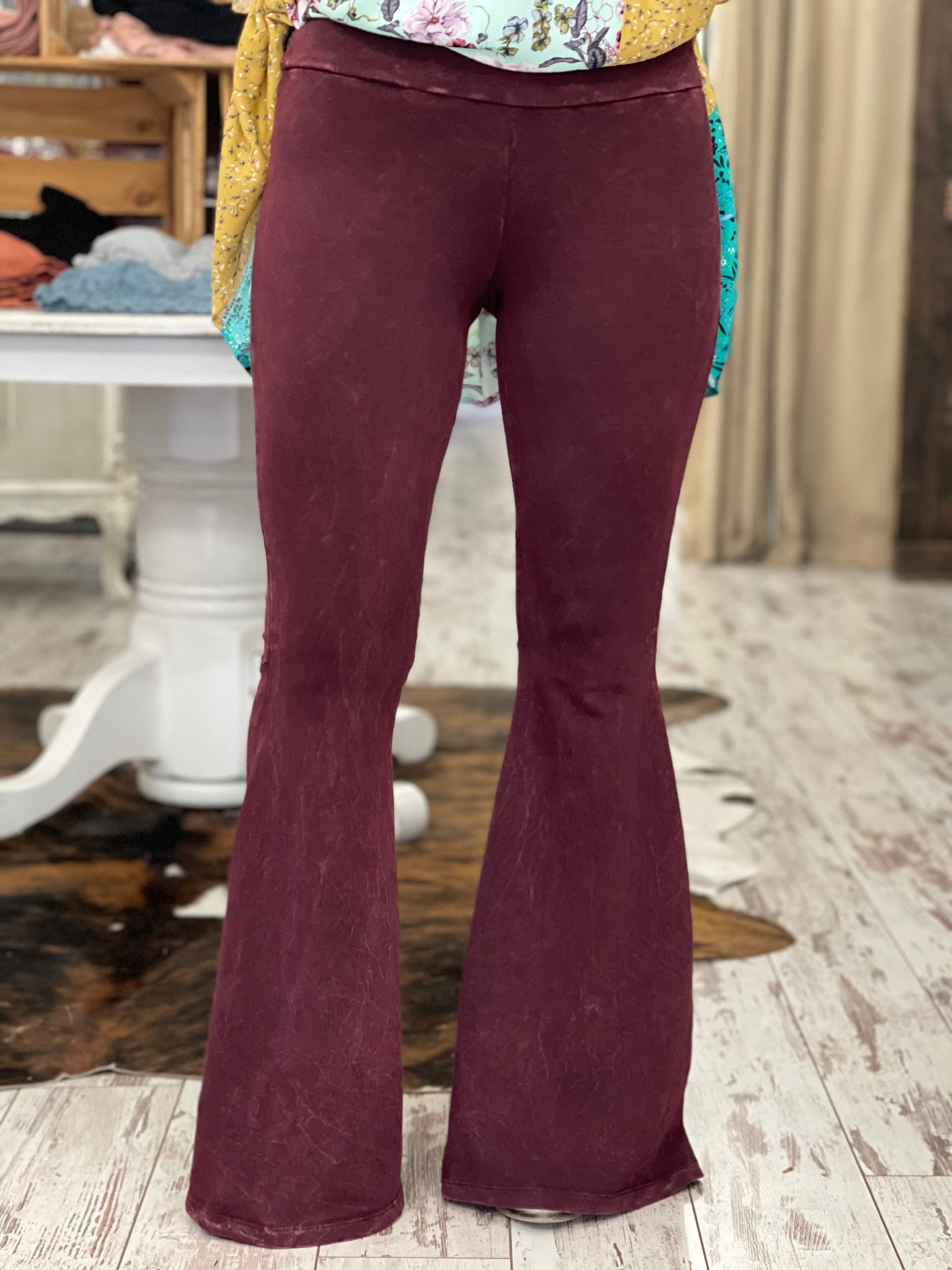 Washed Bell Bottom Flare Pants with Pockets in Burgundy