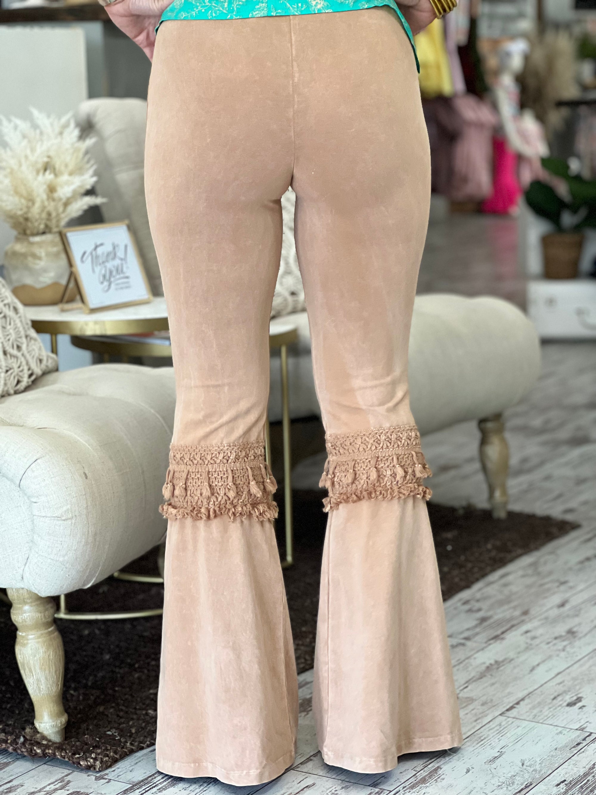 Fringed Crochet Washed Bell Bottom Flare Pants in Camel