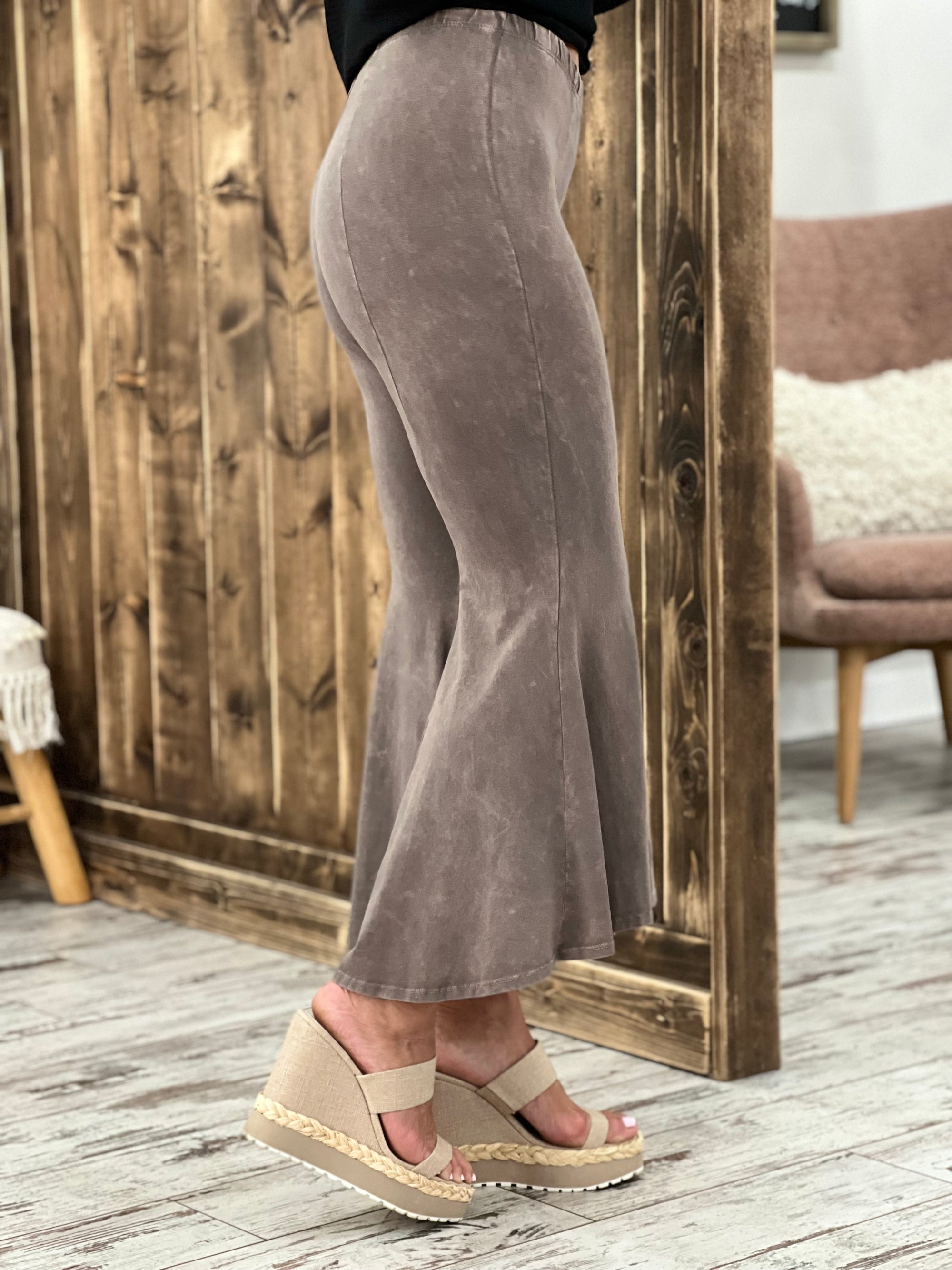 Washed High Low Cropped Bell Bottom Pants in Taupe