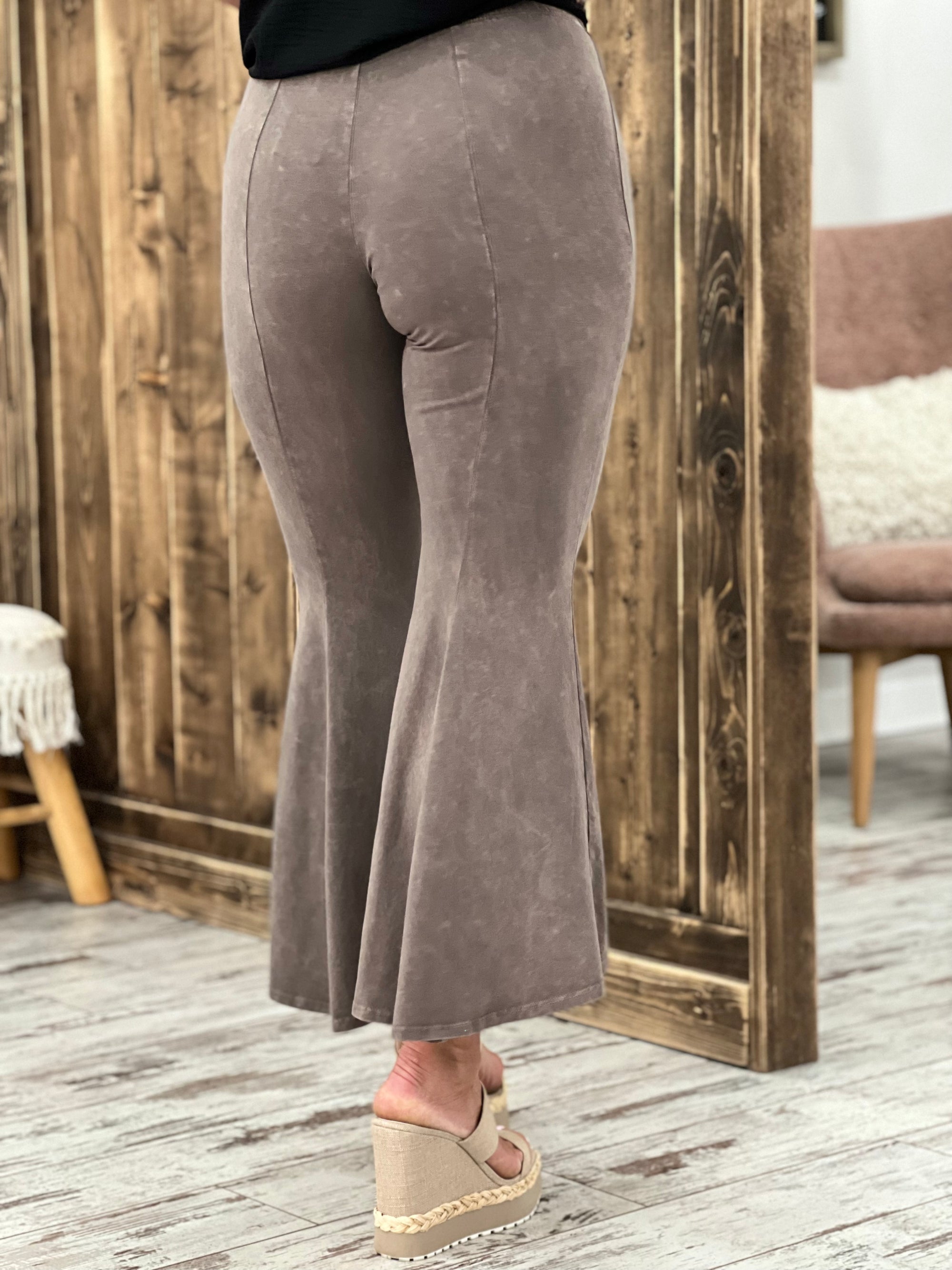 Washed High Low Cropped Bell Bottom Pants in Taupe