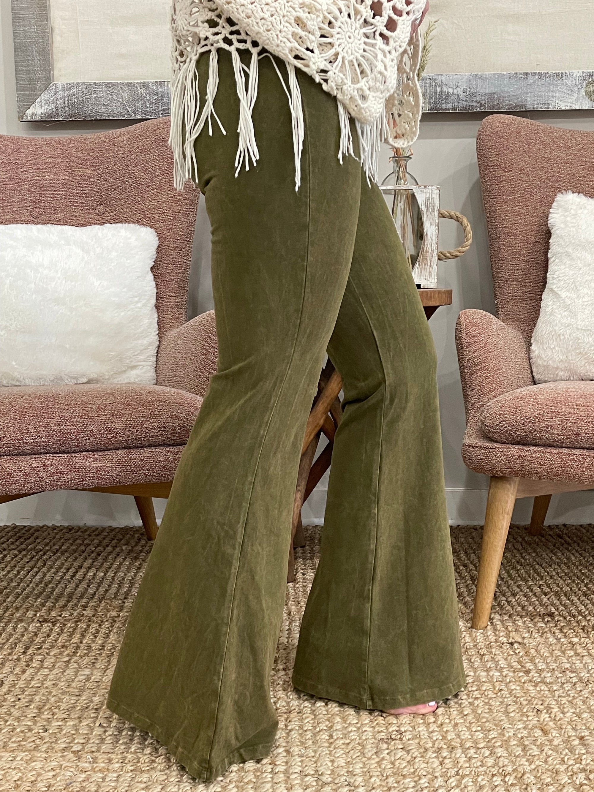Mineral Wash Bell Bottom Pants in Pale Olive- The Rustic Rack Boutique