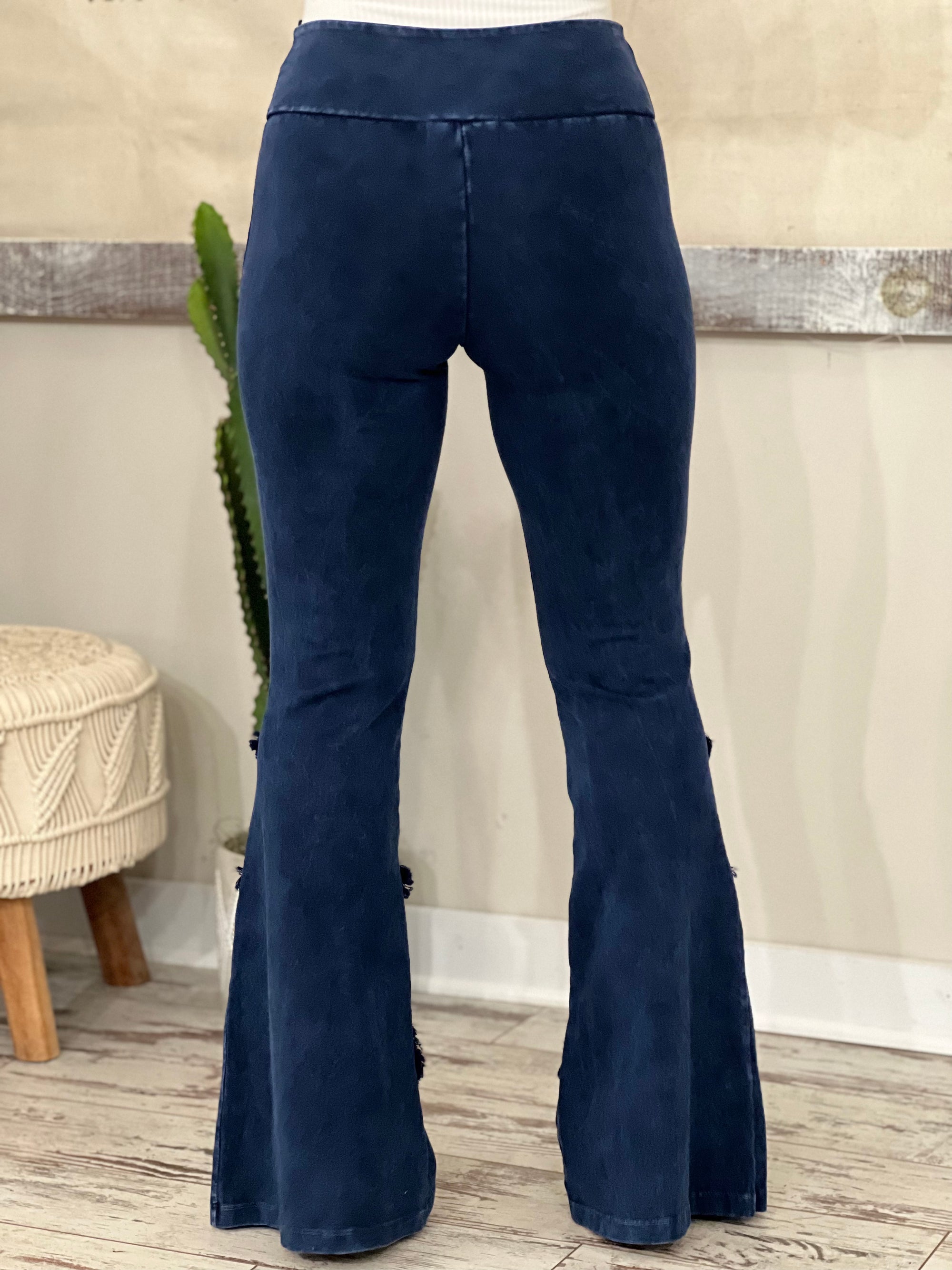 Washed Bell Bottom Flare with Fringe in Dark Blue