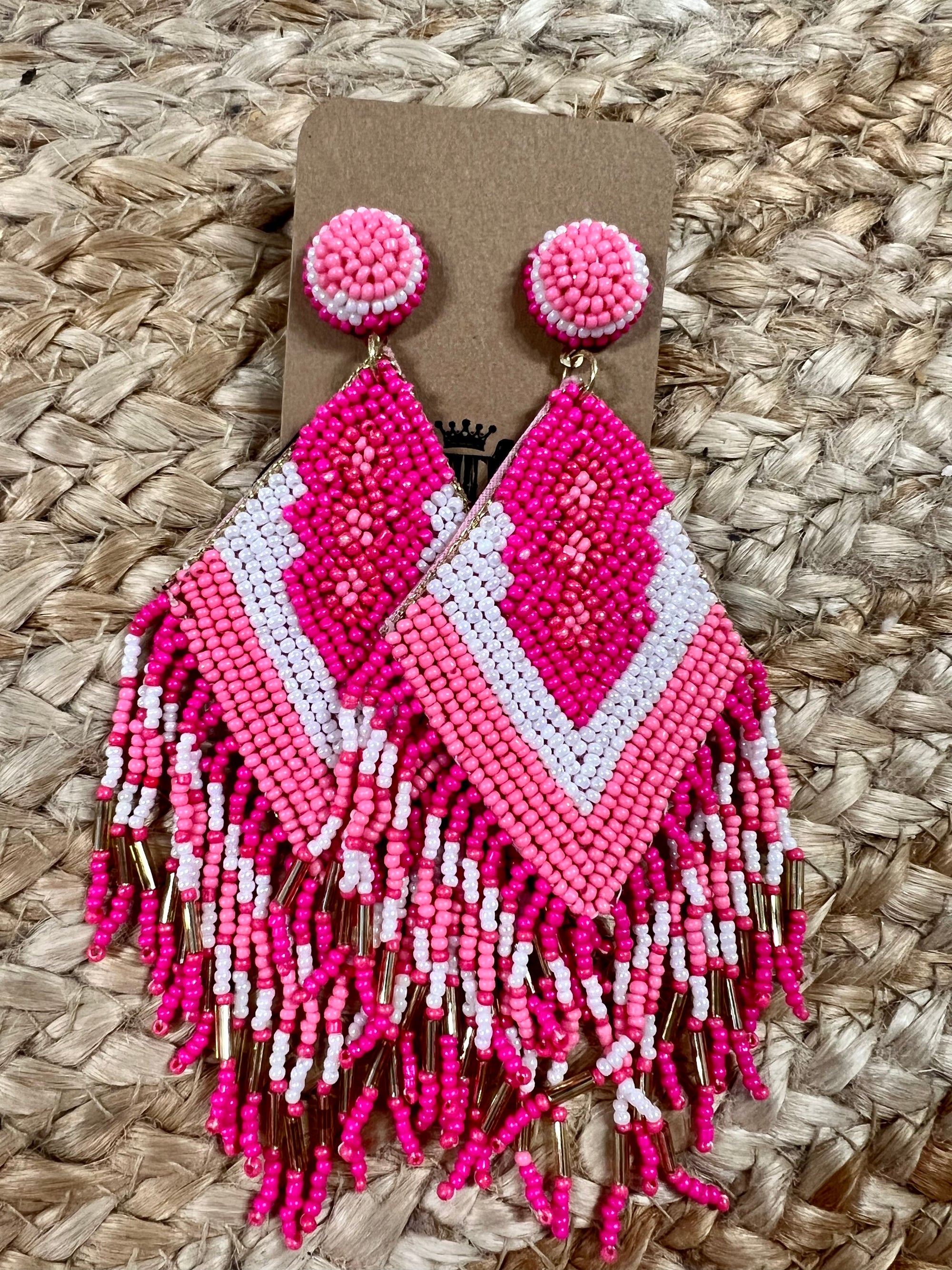Beaded Rhombus + Tassel Earrings in Pink