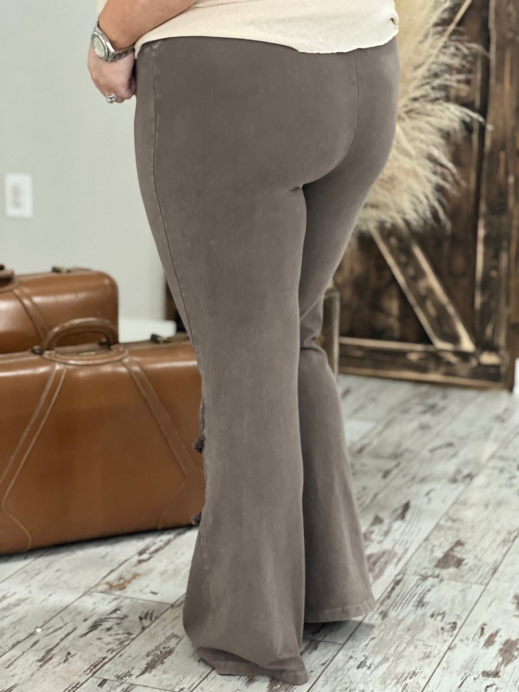 Washed Bell Bottom Flare with Fringe in Taupe