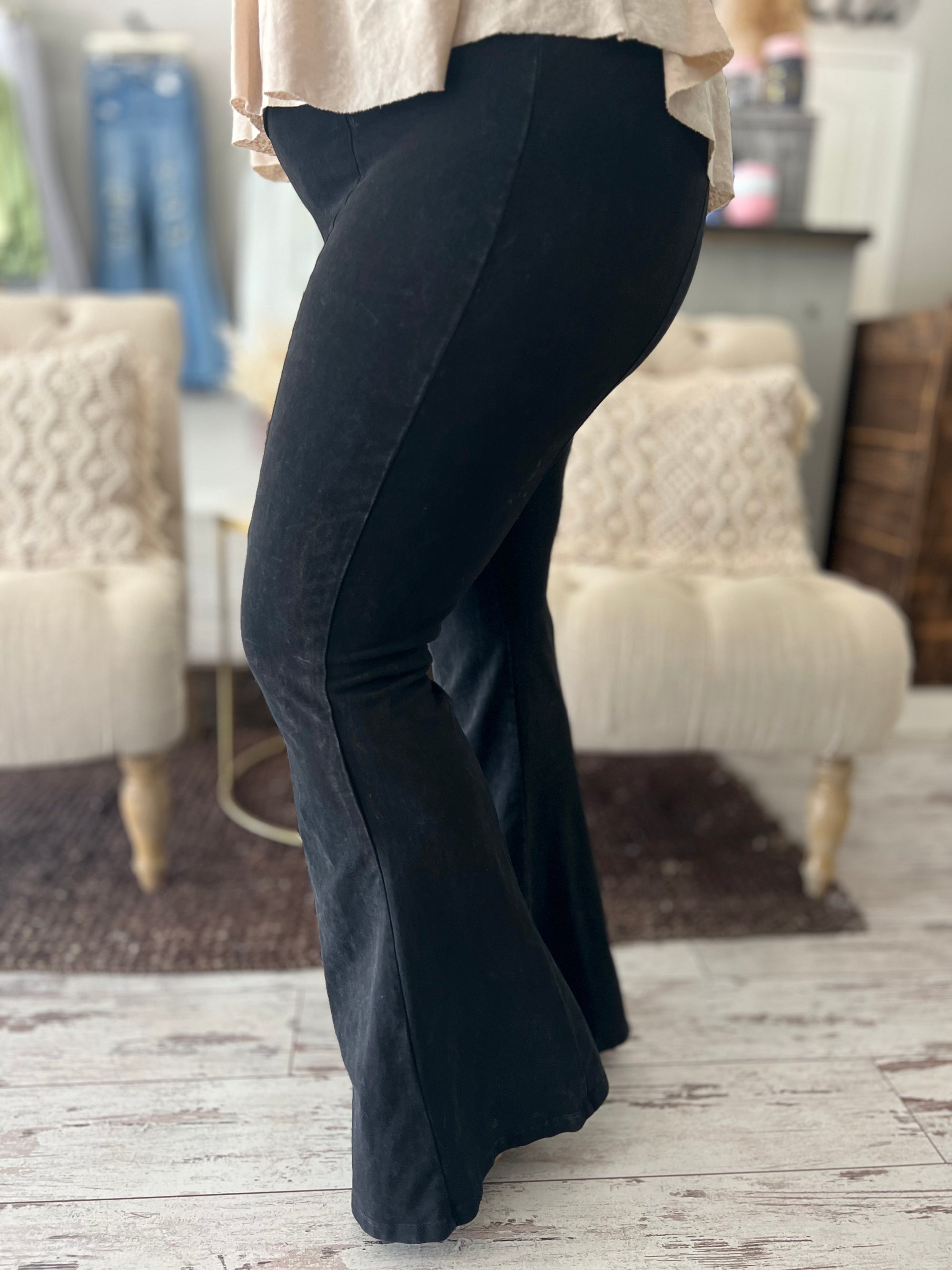 Washed Bell Bottom Front Seam Flare Pants in Black