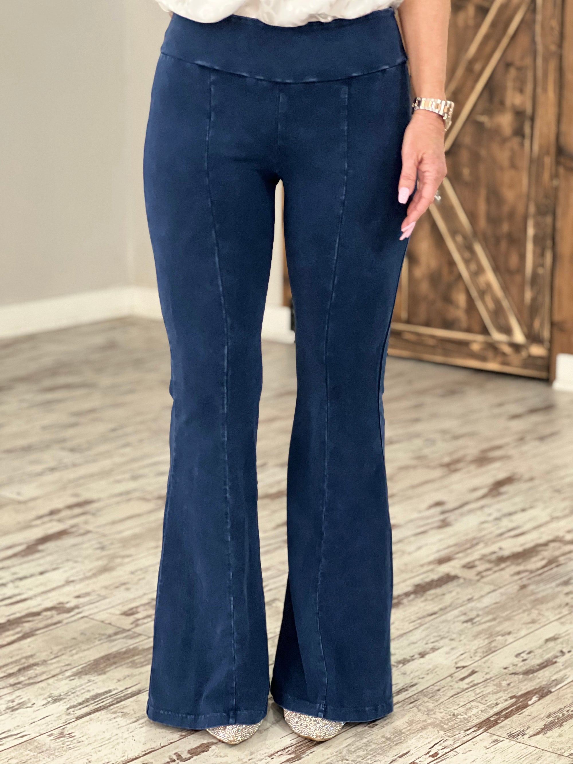 Washed Bell Bottom Front Seam Flare Pants in Dark Blue - The