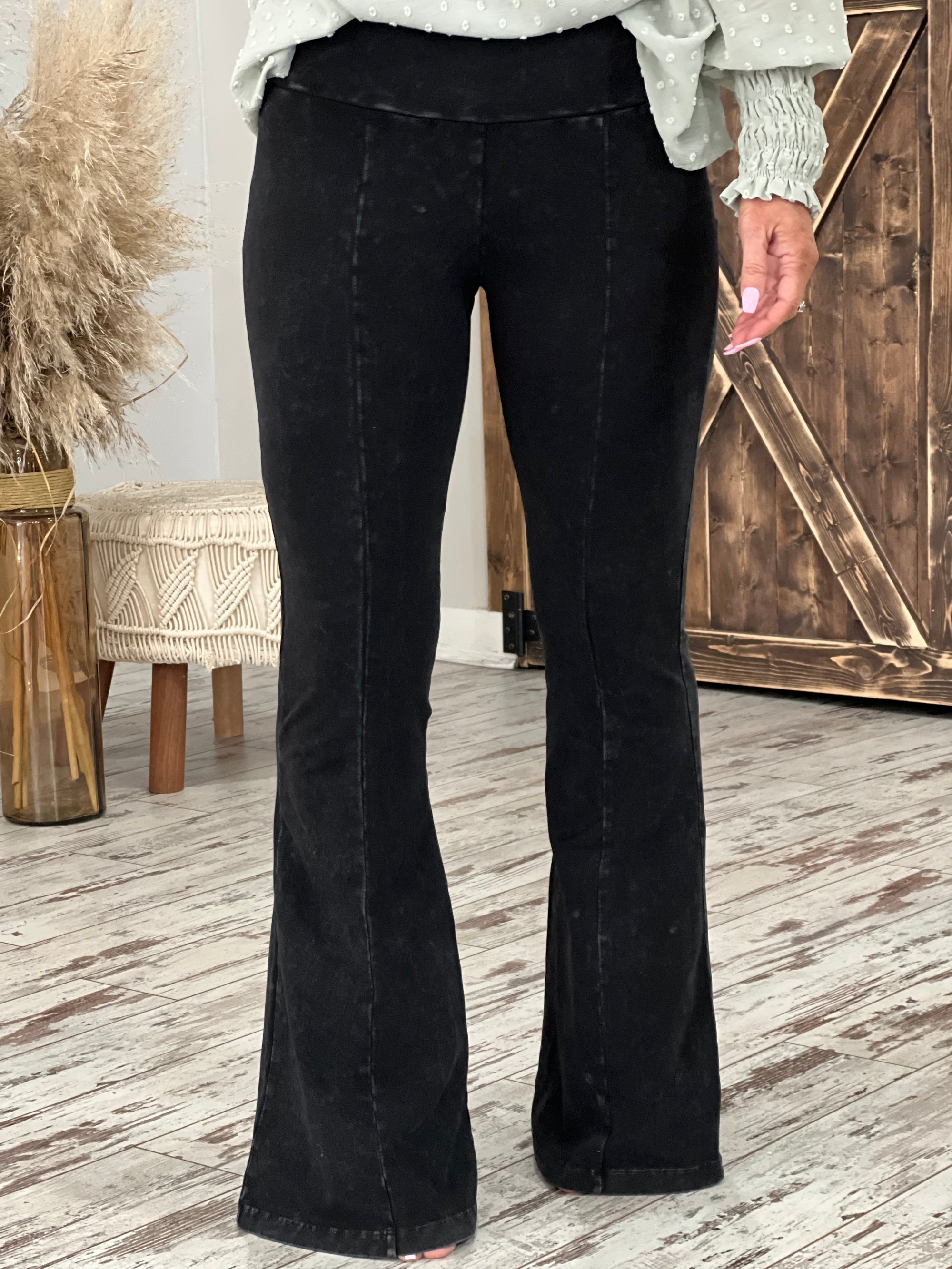 Washed Bell Bottom Front Seam Flare Pants in Black - The Rustic