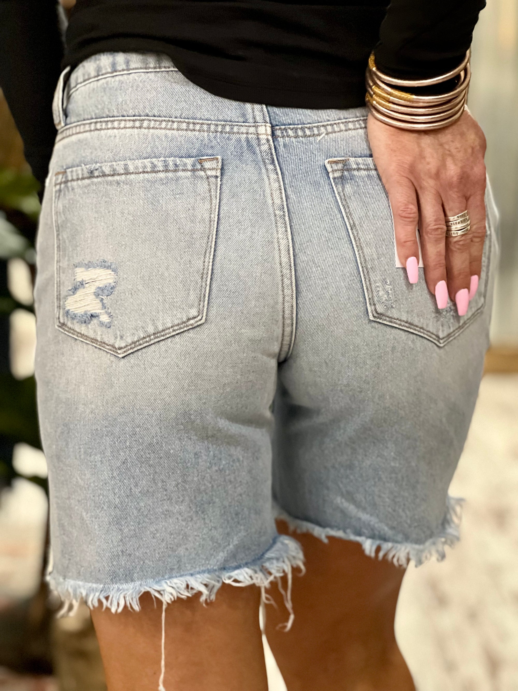 High Rise Distressed Midi Shorts