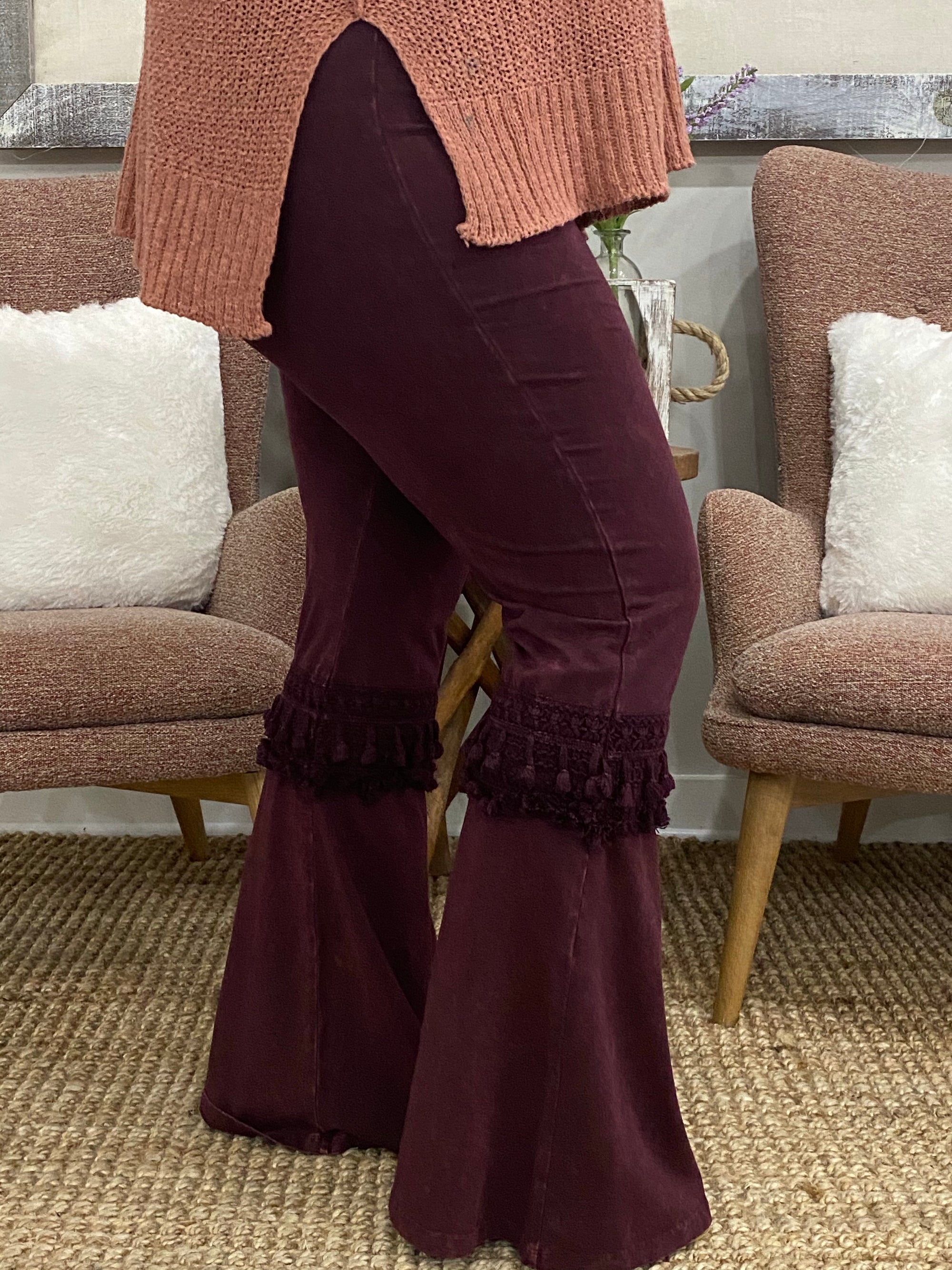Fringed Crochet Washed Bell Bottom Flare Pants in Burgundy
