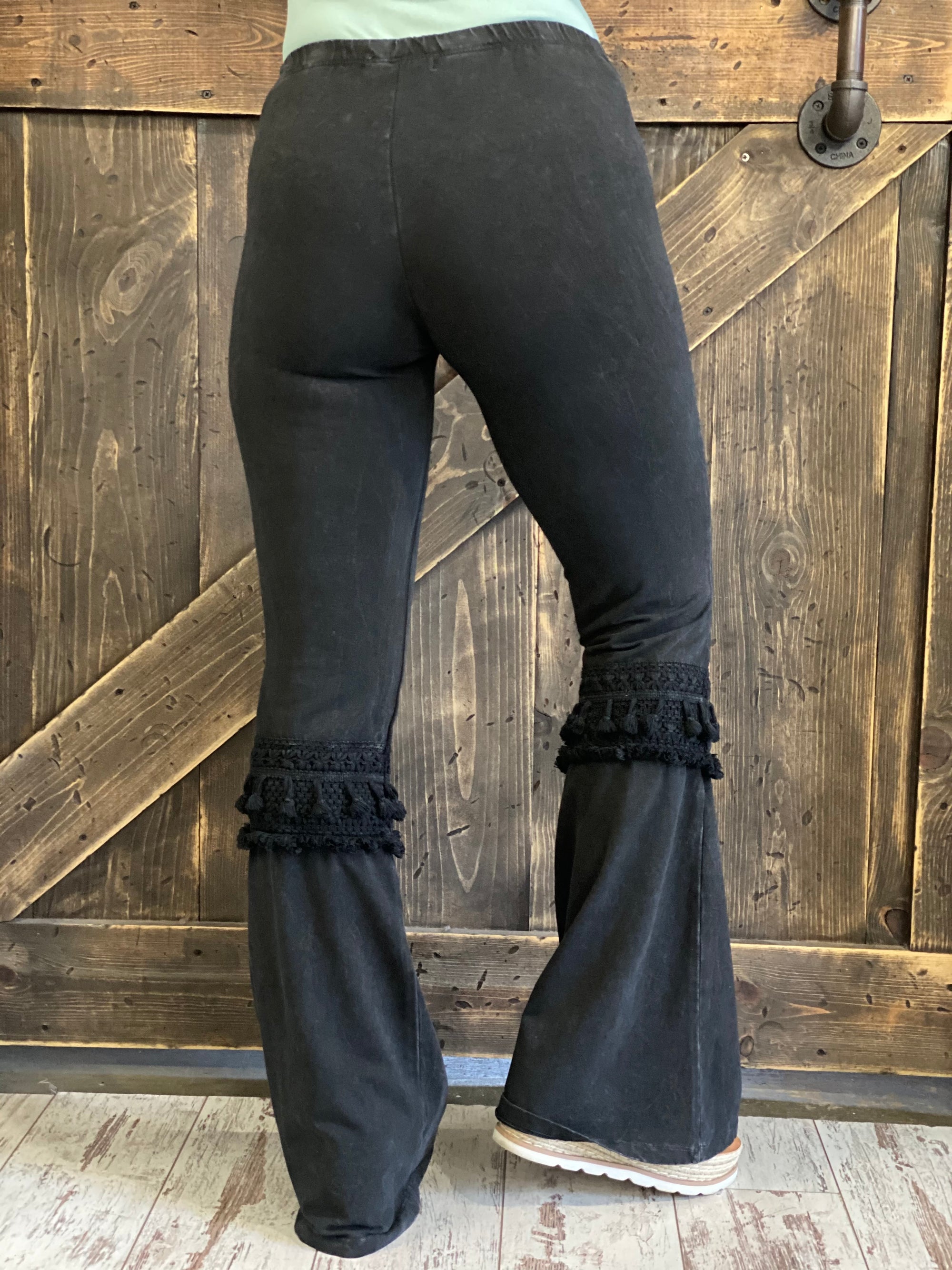 Fringed Crochet Washed Bell Bottom Flare Pants in Black
