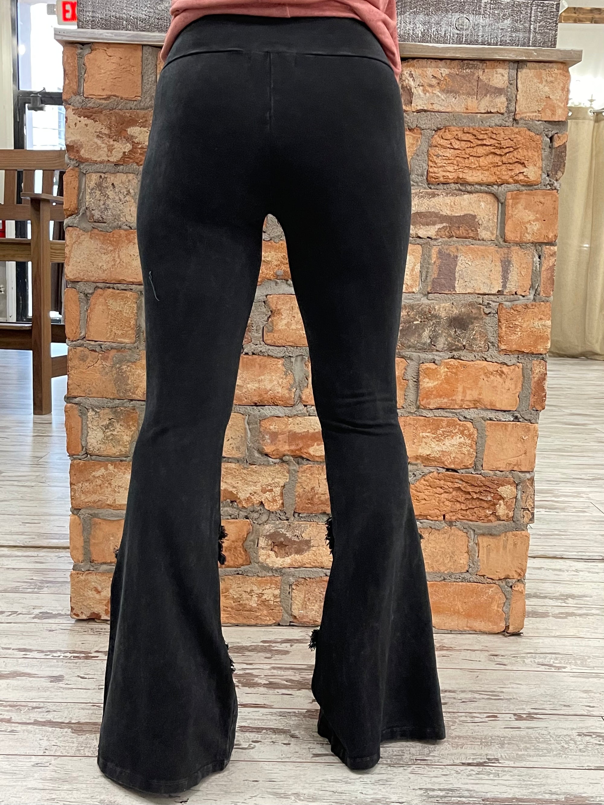 Washed Bell Bottom Flare with Fringe in Black