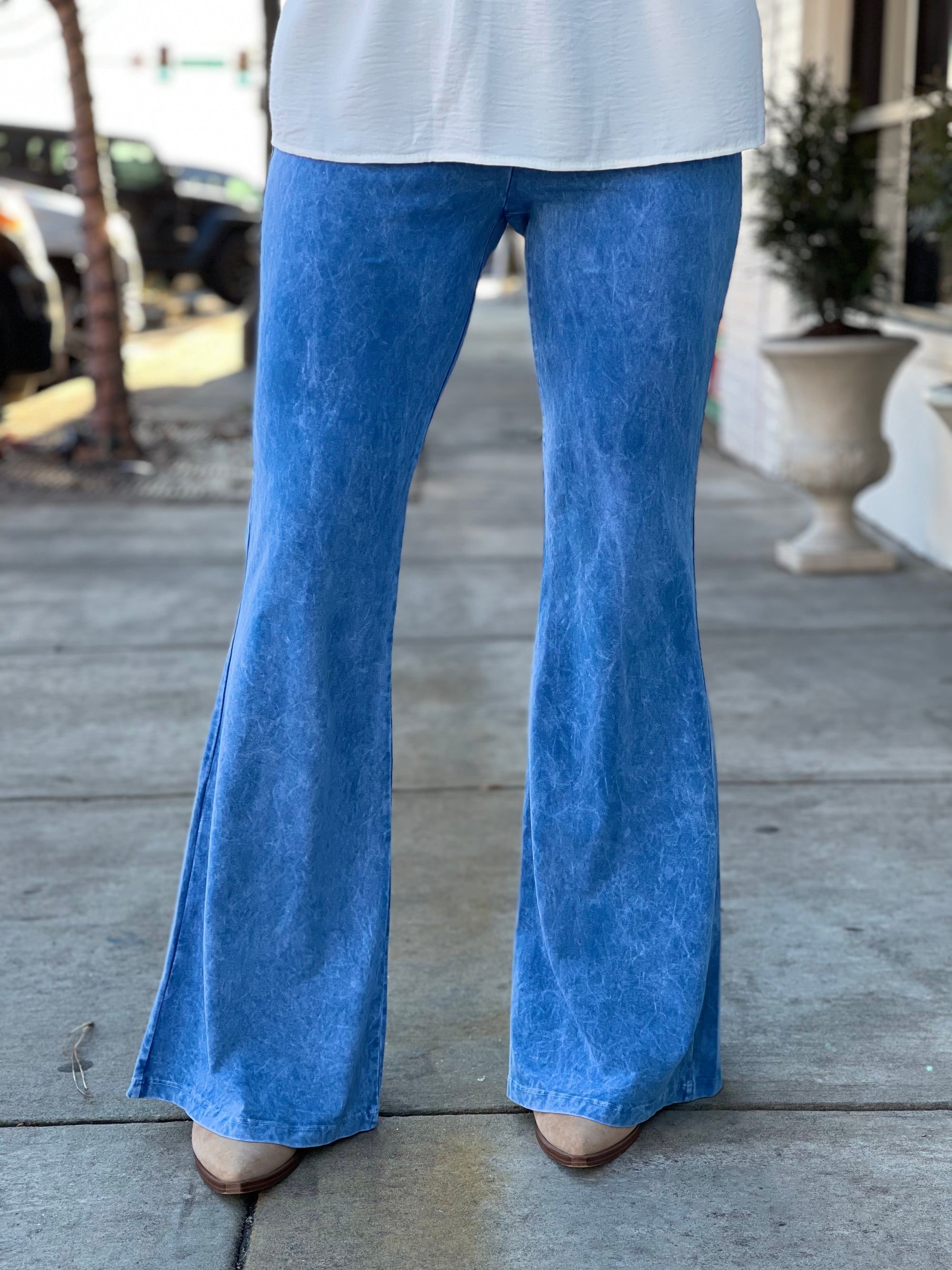 Washed Bell Bottom Flare Pants in Ocean Blue
