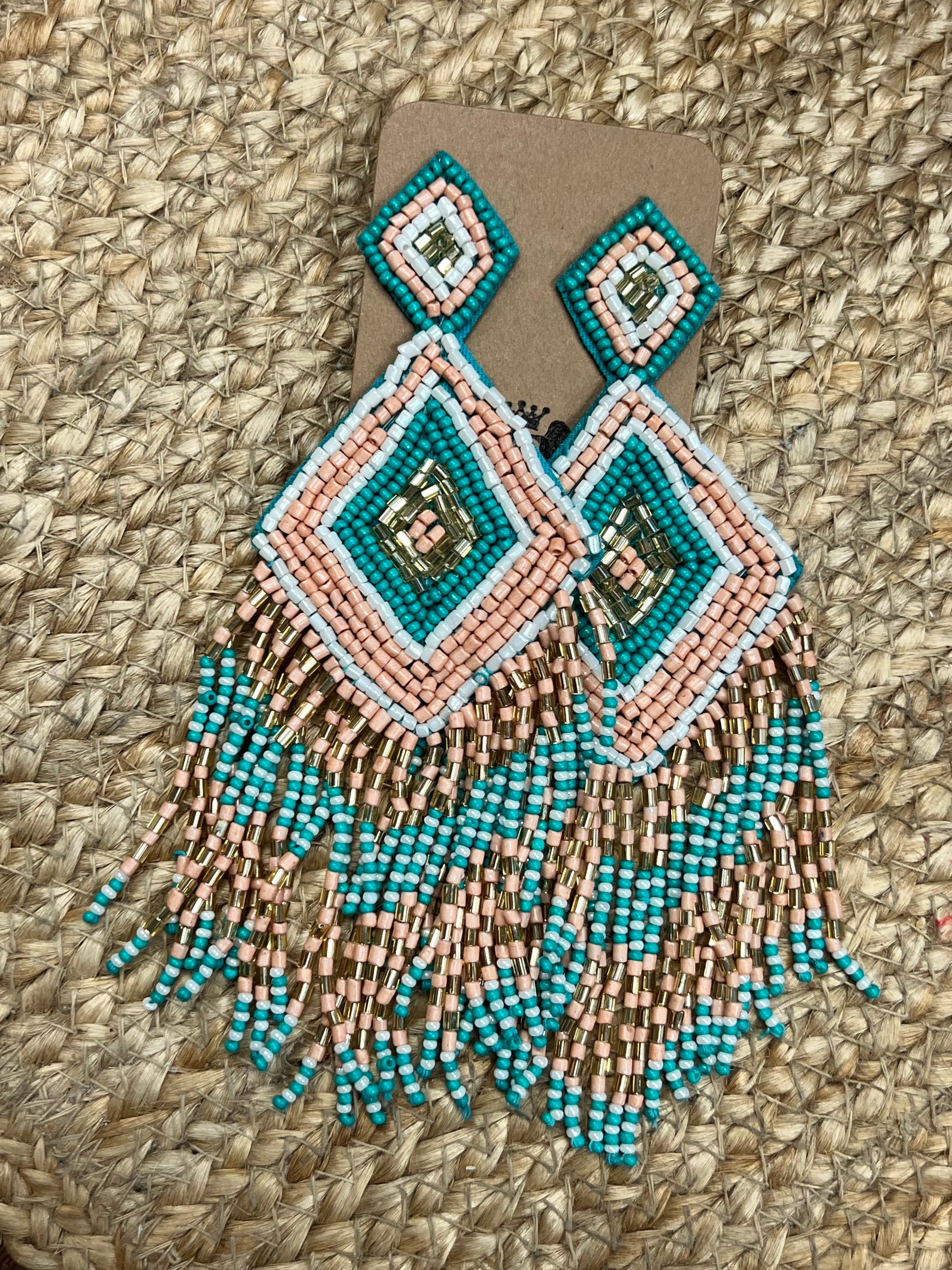 Seed Bead Rhombus Tassel Earrings in Turquoise