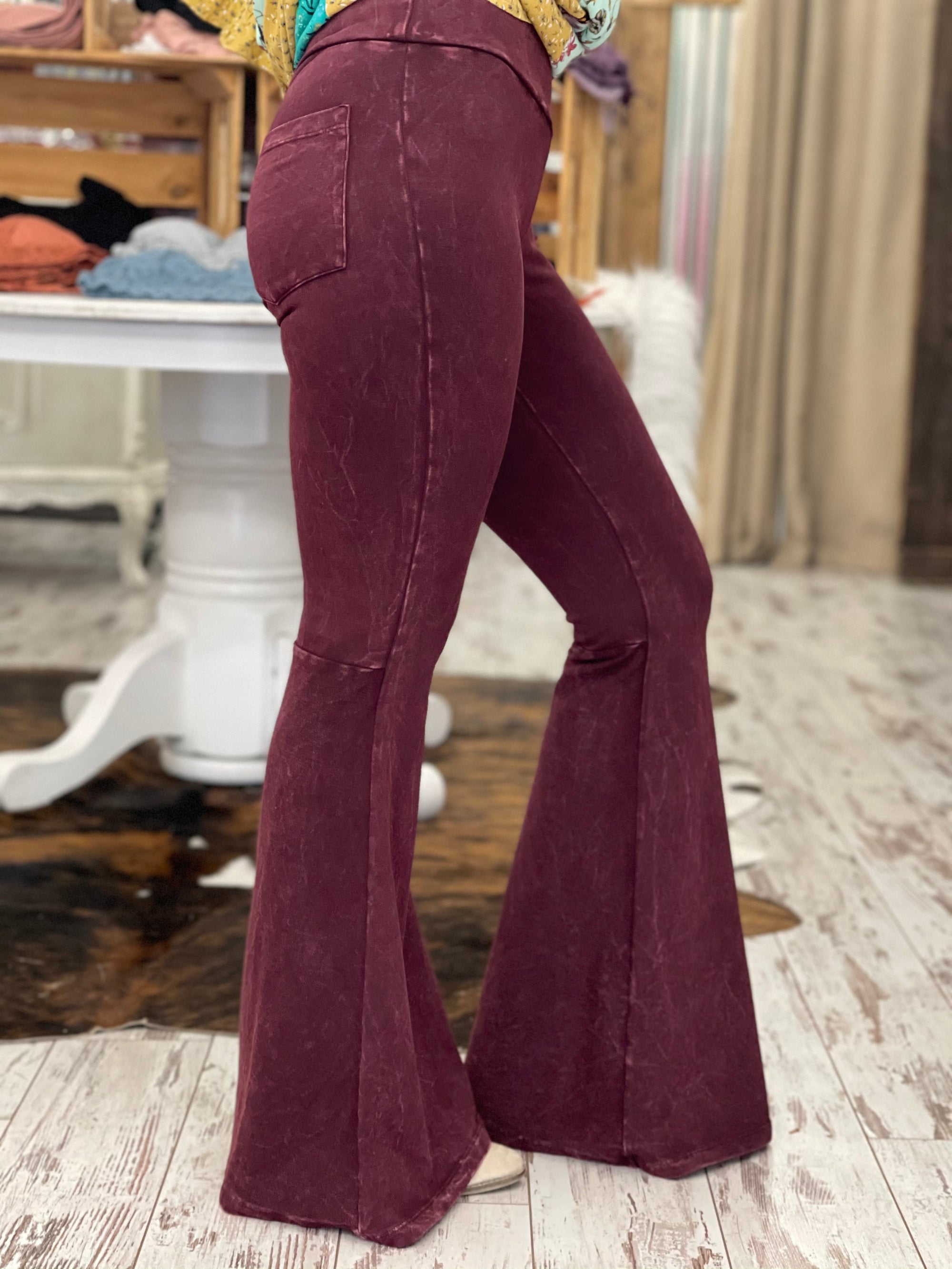 Mineral Wash Bell Bottom Pants with Pockets in Burgundy - The