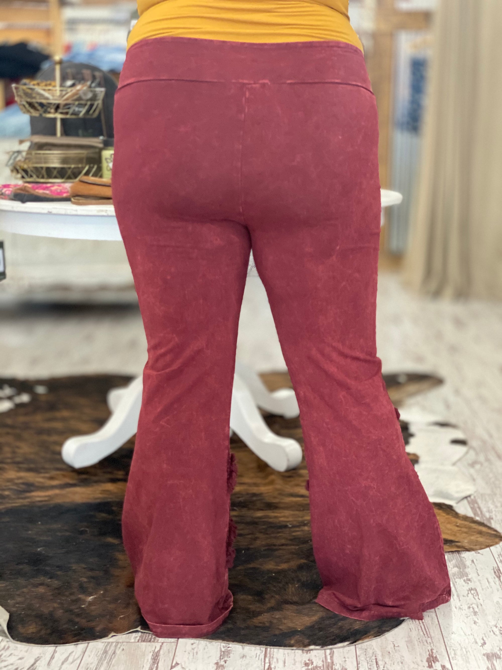 Washed Bell Bottom Flare with Fringe in Wine