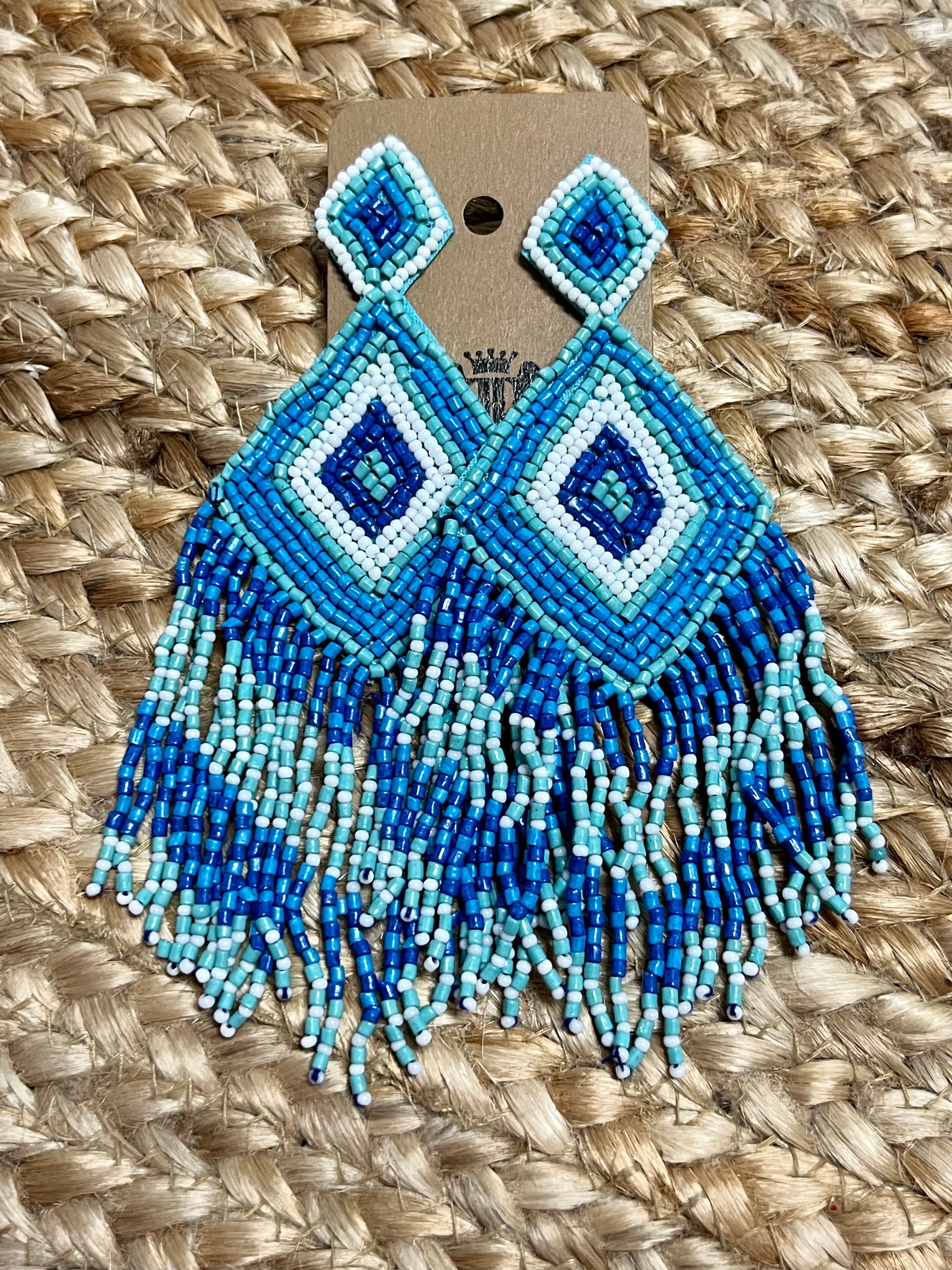 Seed Bead Rhombus Tassel Earrings in Blue