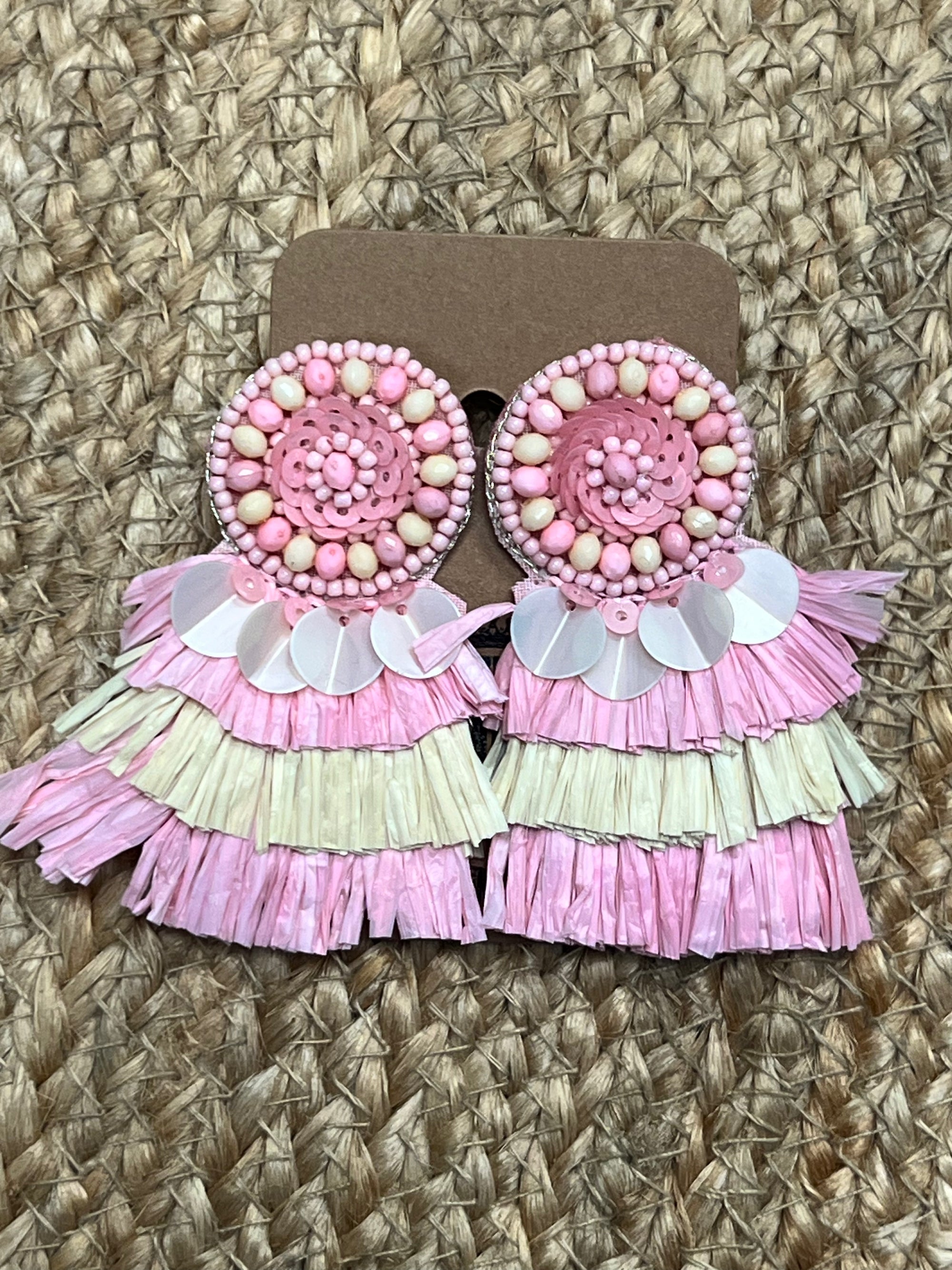 Circle Bead Raffia Tassel Earrings in Pink