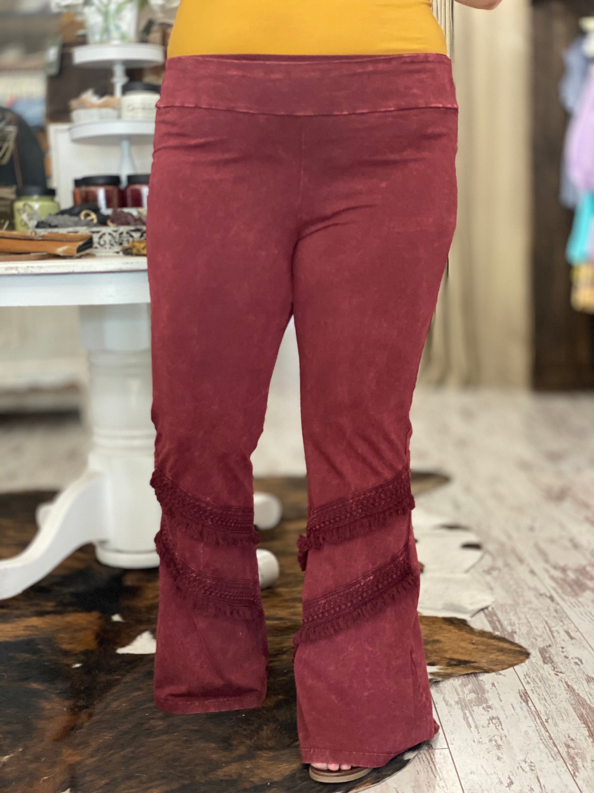 Washed Bell Bottom Flare with Fringe in Wine