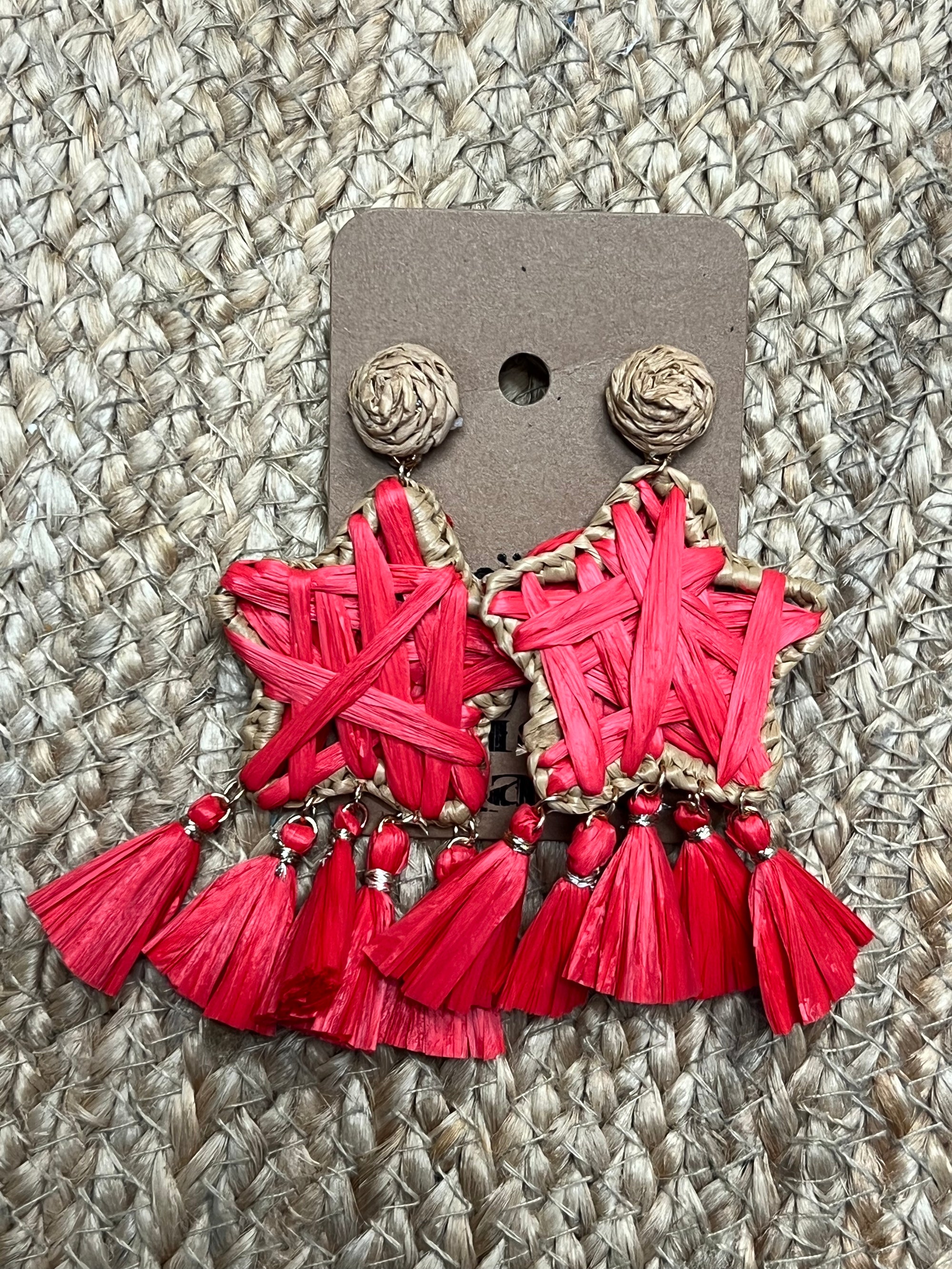 Raffia Star Tassel Earrings in Red