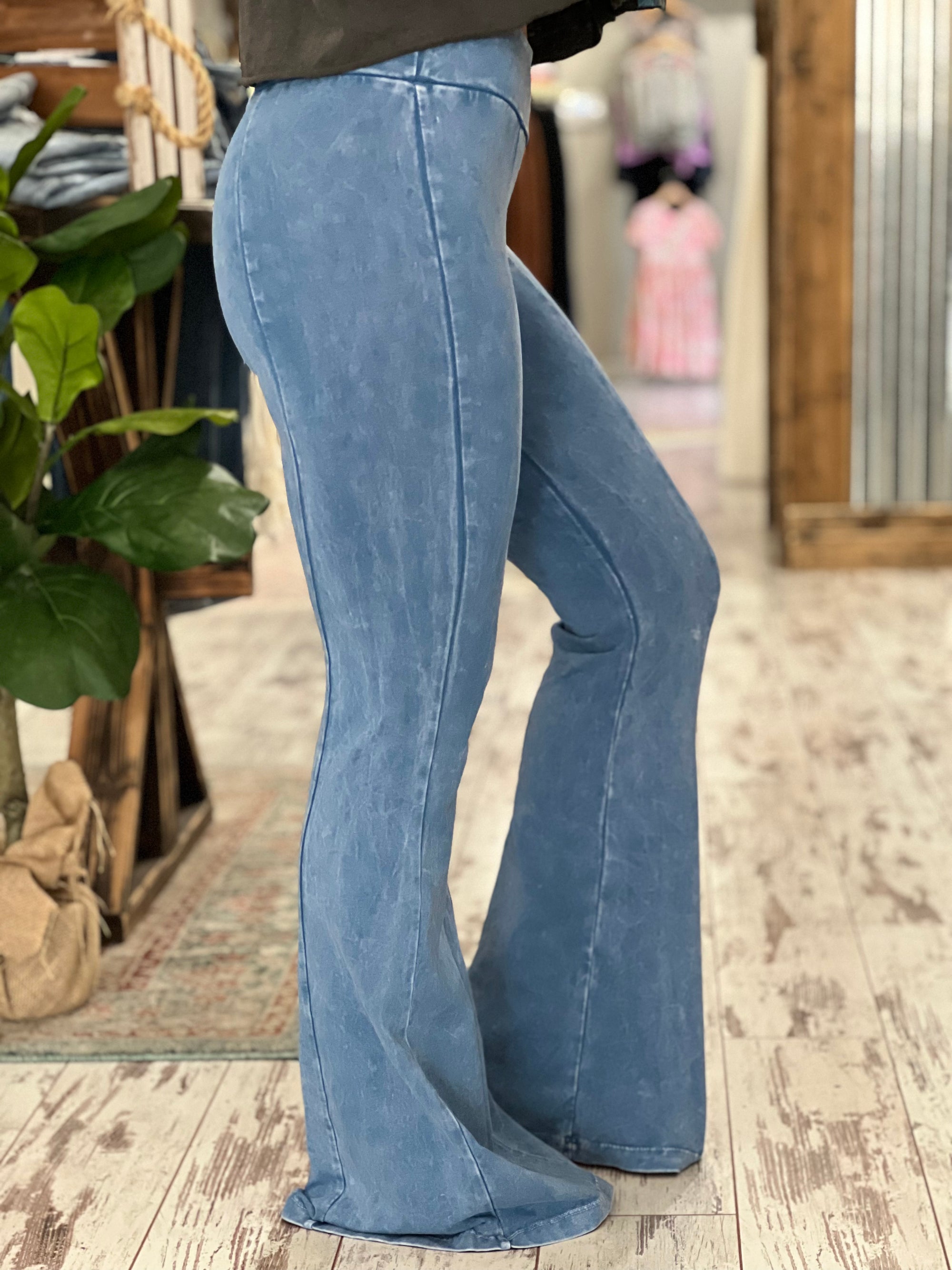 Washed Bell Bottom Front Seam Flare Pants in Light Blue