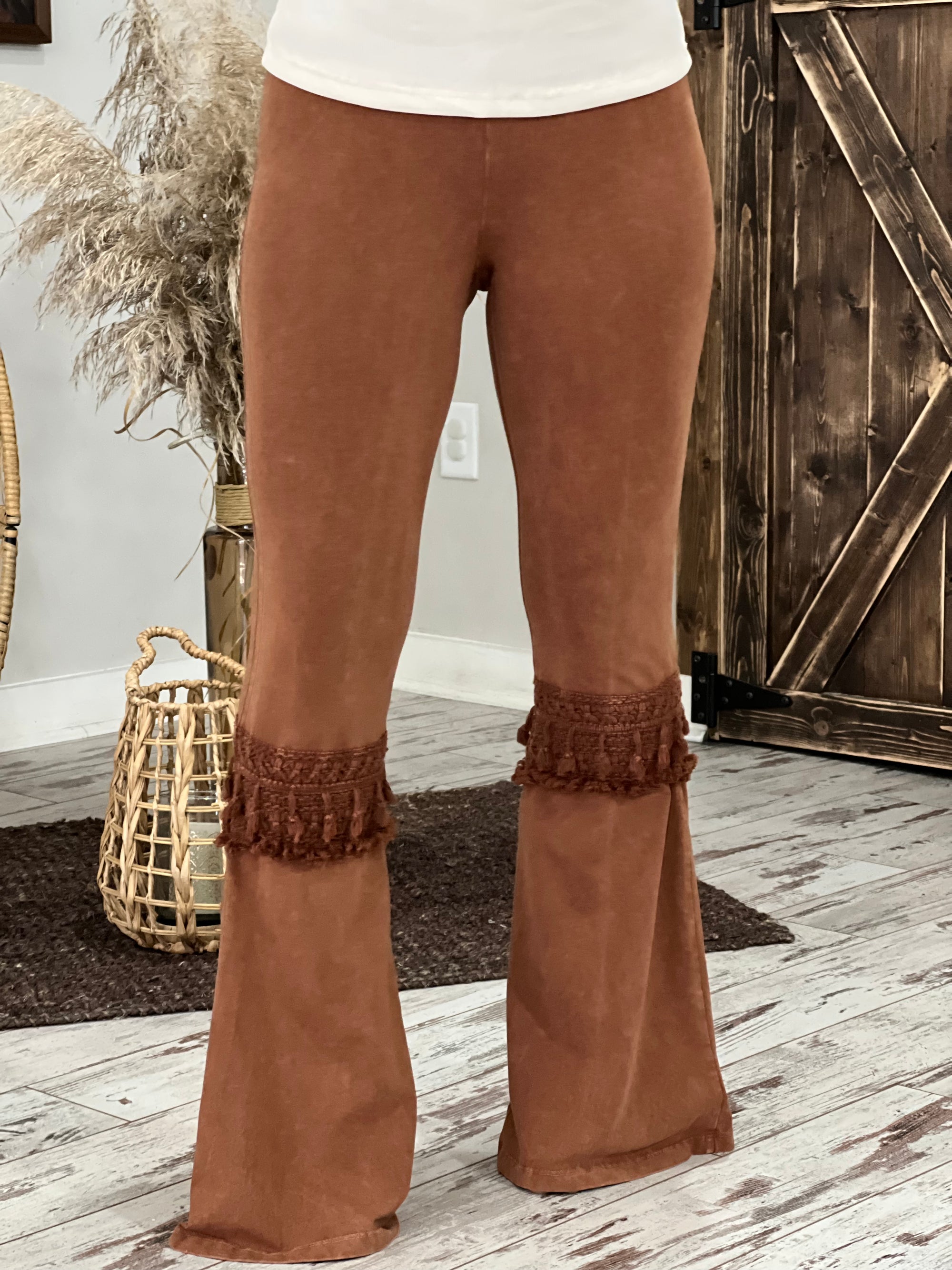 Fringed Crochet Washed Bell Bottom Flare Pants in Pumpkin Spice